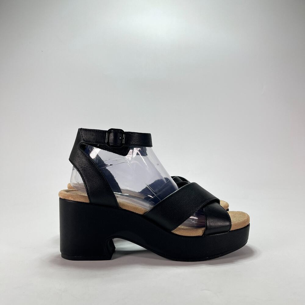 Clarks Nerisa Pearl Black Leather Chunky Platform Wedge Sandals Women's Size 9W